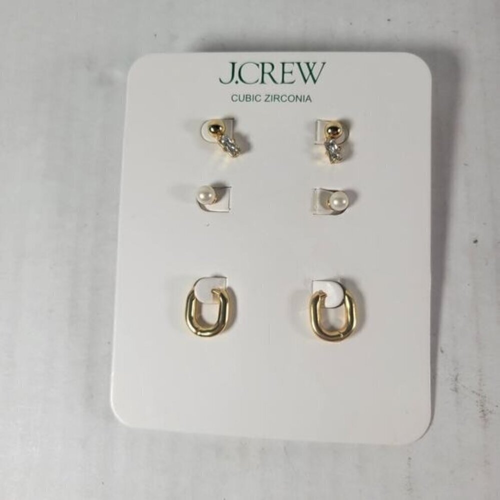 J.Crew Pearly Classic Dainty Feminine Cubic Zirconia Hoop Set of 3 Earrings